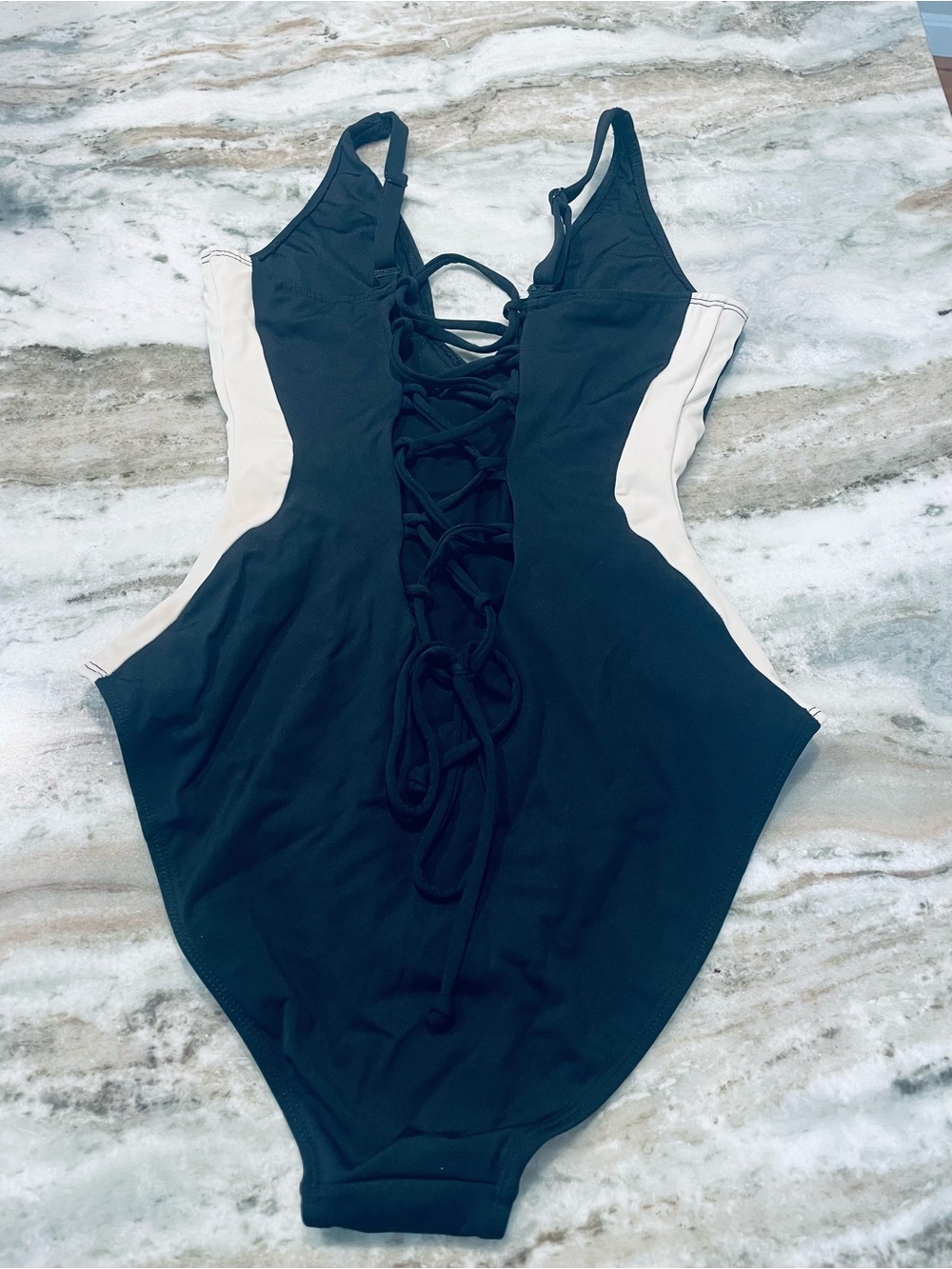 TA3 PLUNGEY V-Neck One-Piece Swimsuit in Black and Cream in Medium R/L - Picture 4 of 6